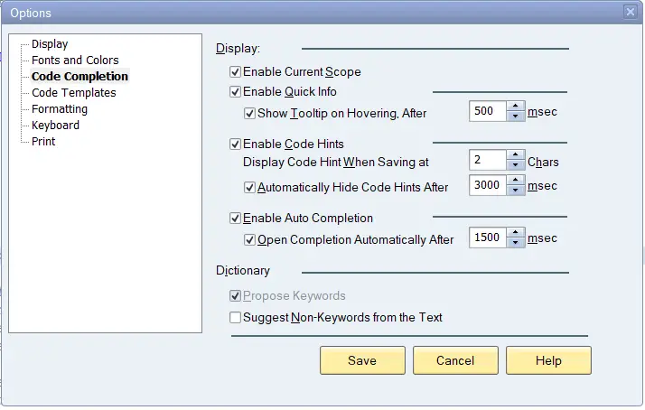ABAP Code completion settings